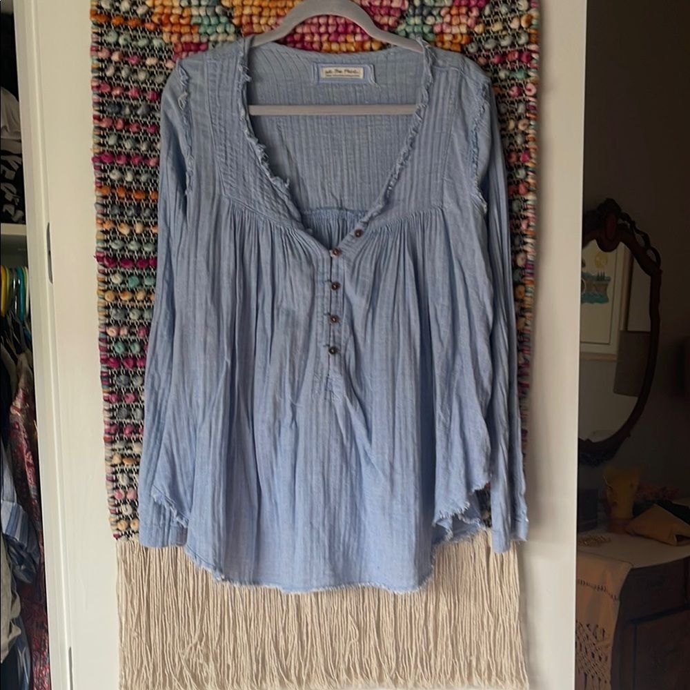We The Free Blue Ruffled Buttoned Blouse